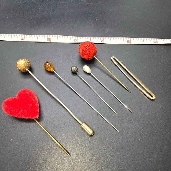Vintage Hat Pins & Stick Pins Collection With Gold-Tone Cinnabar Etc HS210 - Picture 2 of 7